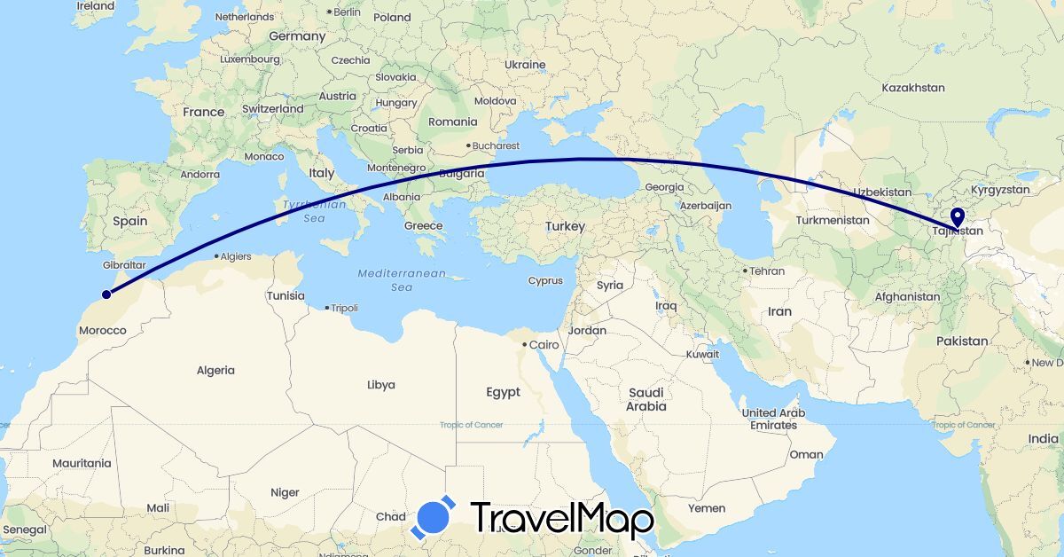 TravelMap itinerary: driving in Morocco, Tajikistan (Africa, Asia)